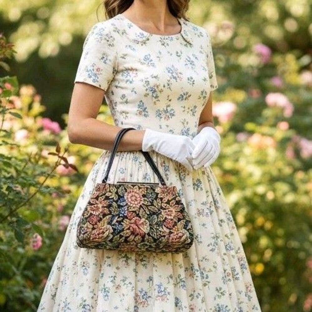 Vintage 50s Dover Floral Tapestry Needlepoint Carpet Bag Trapezoid Purse
